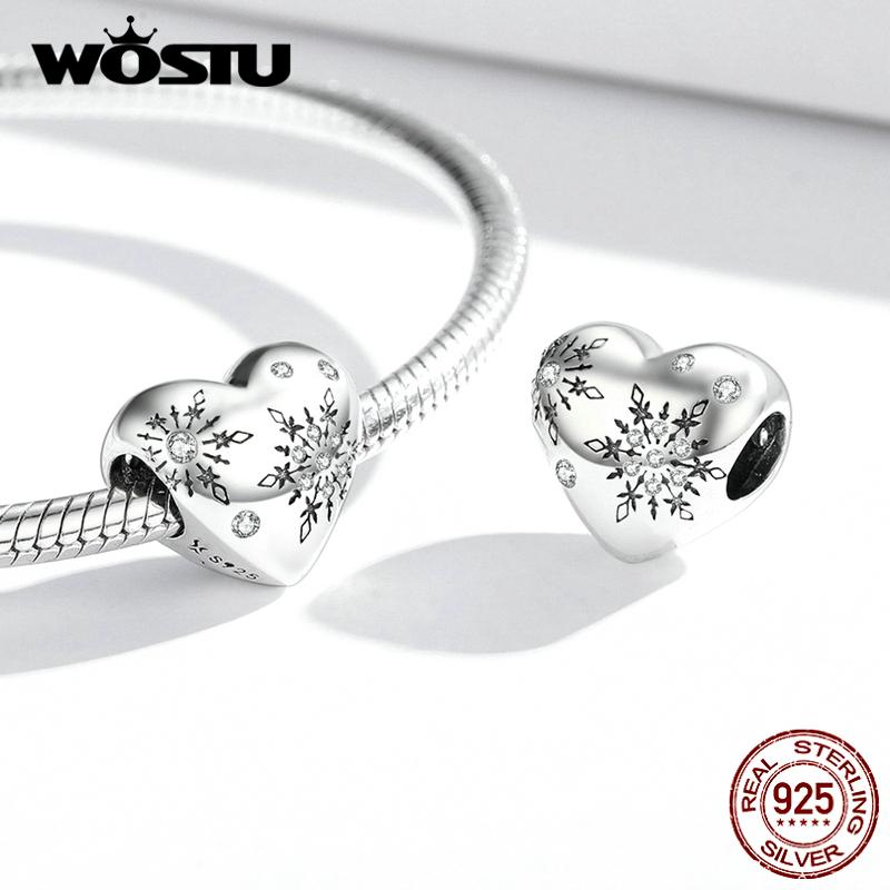 WOSTU Exquisite Snowflake Pattern Heart Shape 925 Sterling Silver Charm Beads Fit Bracelet Bangle Fine Jewelry