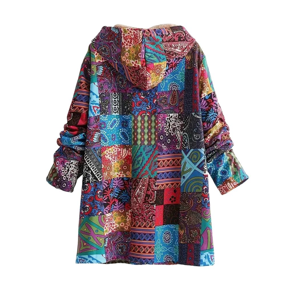 Womens Winter Button Patchwork Fleece Hooded Jacket Coat Long Sleeve Warm Liner Pocket Coat