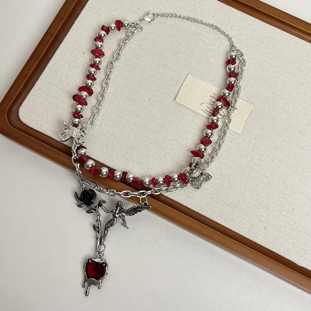 Angle Gothic Multilayer Necklace Heart Pendant Clavicle Chain Choker Crystal Beads Necklace  Gifts