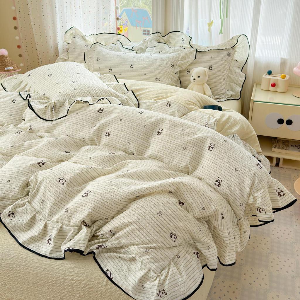 Bubble Cotton Fresh Floral Lace Bedding Set - 4-Piece Soft Duvet Cover & Sheet