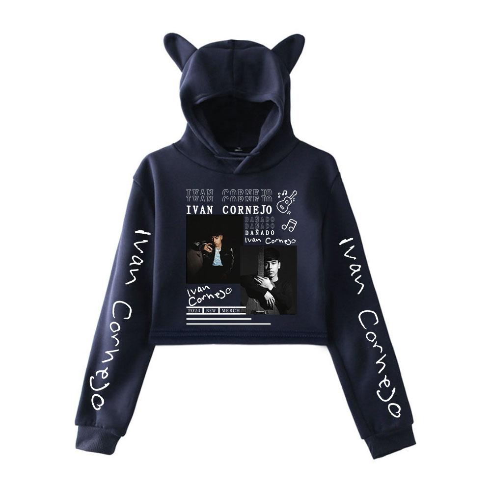 Fashion Iván Cornejo Printed Kawaii Crop Top Hoodie Funny Cat Ear Cropped Short Sweatshirt Hooded Pullover Women Tops Streetwear