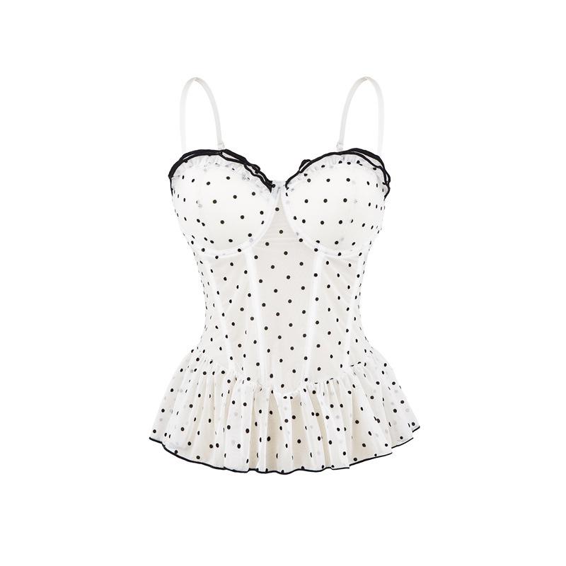Korean Elegant Polka Dot Ruffle Camisole, Slim Fit with Chest Pads, Waist-Cinched, Flattering Lace Top for Women One Size белый