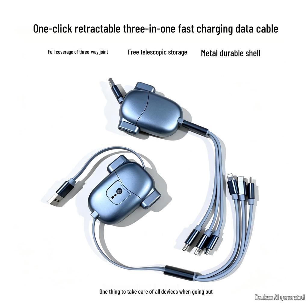 Customizable Mecha-Style Retractable 3-in-1 Fast Charging Cable with Logo Print