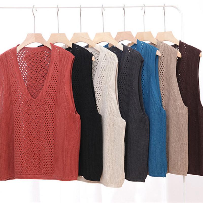 Knitted Vest Women's Vest Thin Loose Large Size Hollow Sleeveless Outer V-neck Waistcoat Retro Pullover Vest Women  Autumn Winter