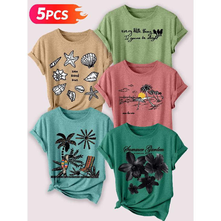 Follow a specific direction Five-piece set of women's short-sleeve tops Summer Beach Theme Retro Print Elegant Summer Party Outfits Elegant short