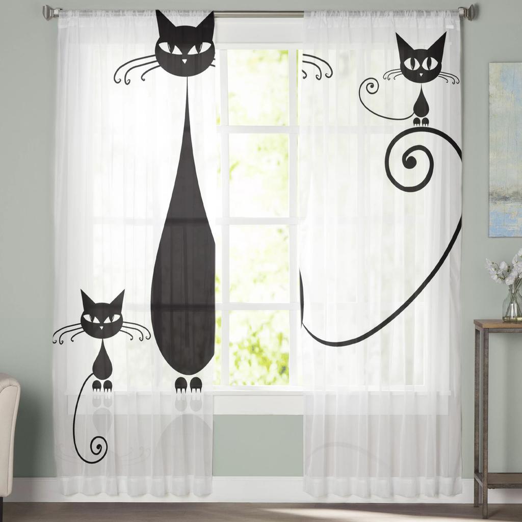 Tylové závěsy do obývacího pokoje Kočka Černá Roztomilá jednoduchá ložnice Pracovní okno Průsvitné závěsy Kuchyň Balkonové interiérové voálové závěsy