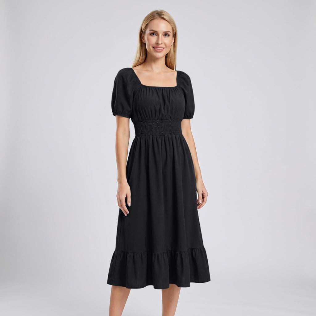 Women Casual Square Neck Short Sleeve Dress Waist Smocked A Line Midi Dress with Ruffle Hem for Everyday Wear