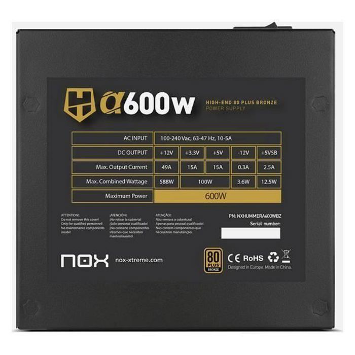 Bloc d'Alimentation - NOX - HUMMER ALPHA - 600 W - 24-pin ATX - 100-240 V