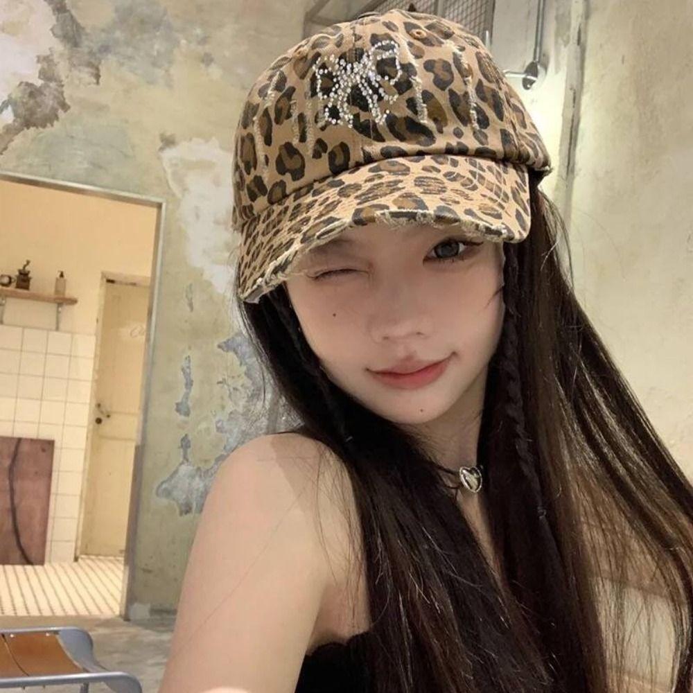 Rhinestone Bowknot Peaked Cap Y2k Sun Hat Fashion Leopard Print Baseball Cap  Sports