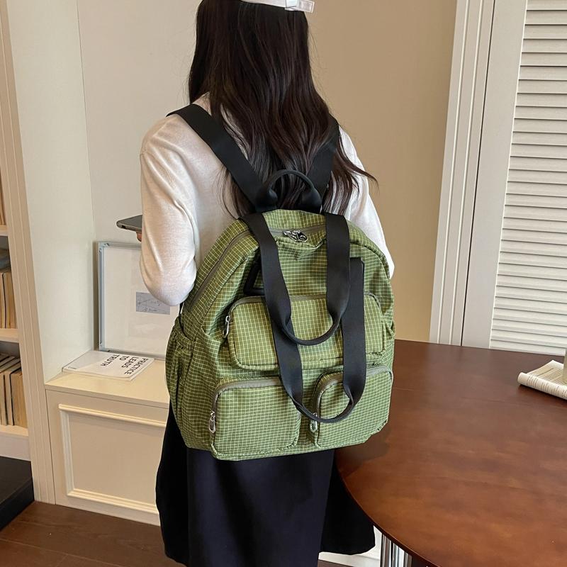 Color Contrast Backpack Women's Large Capacity Commuter Handbag Multi-Functional Plaid Tote Bag