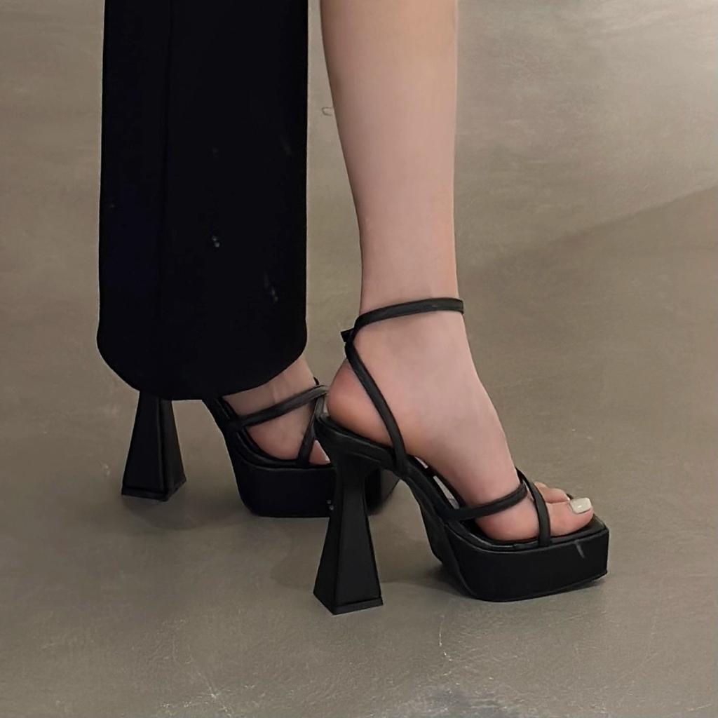 2025 Summer New Waterproof Table Cross-strap High Heels Empty Open-toed Platform Women Thick Heel Silver Sandals Women