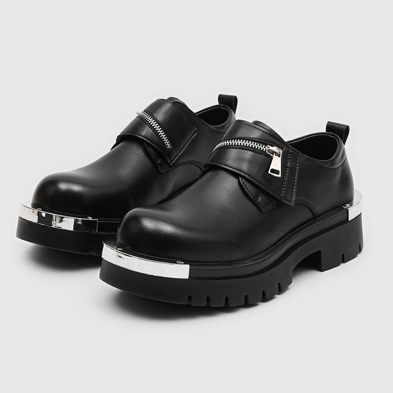 Thick Sole Big Head Metal Style Derby Shoes for Men Zipper Decorati Anti Kick Anti Slip Persalized Casual Youth Men Shoes