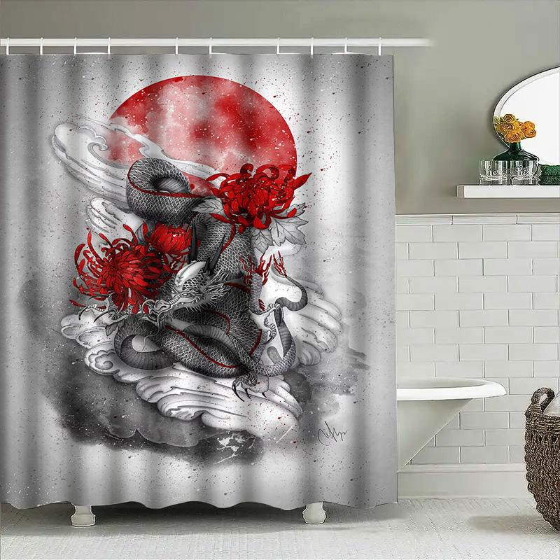 Red Chrysanthemums Snake Print Shower Curtain Premium Waterproof Decor For Bathroom (128 Characters)