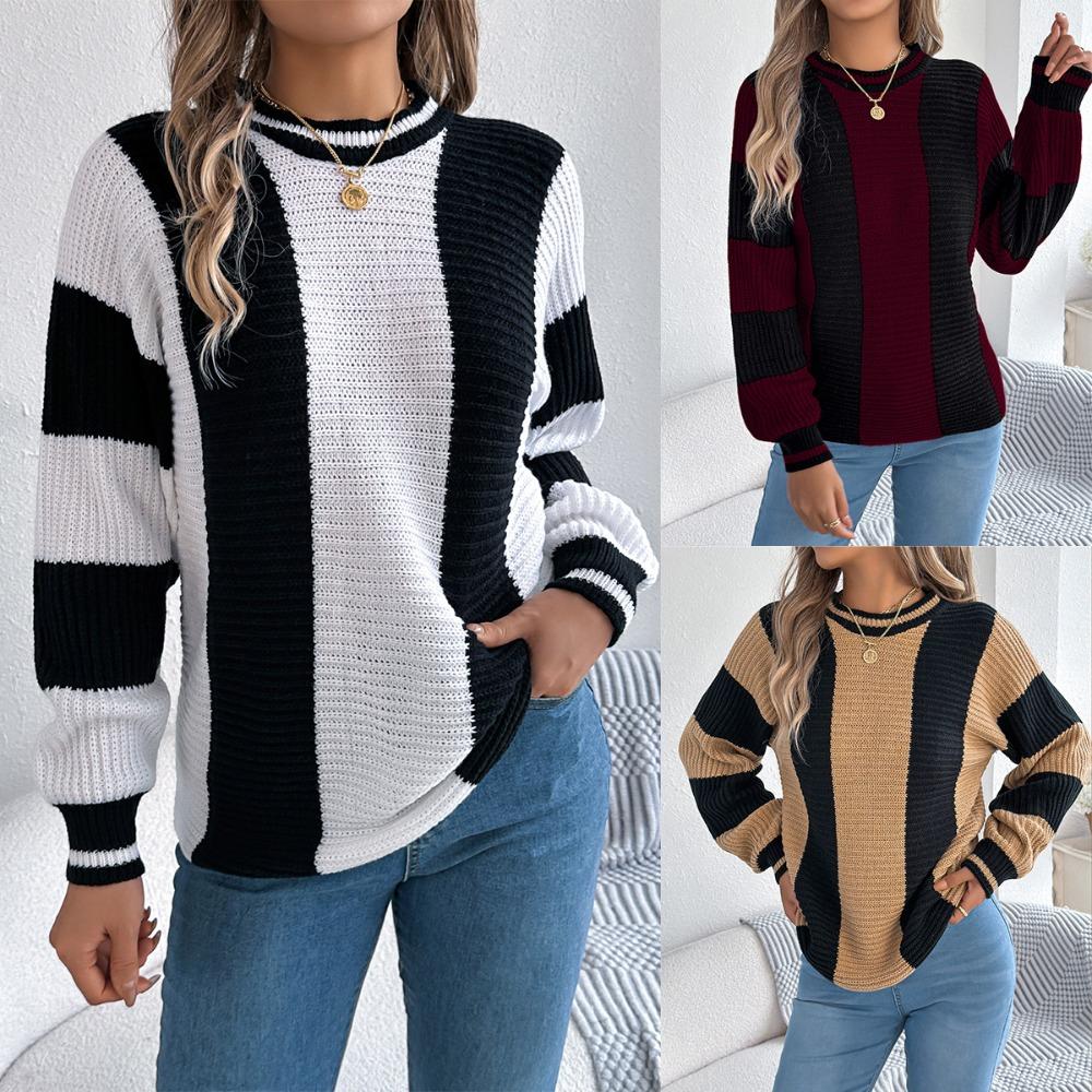 Fashionable Women's Hoodie: Casual Contrast-Striped Lantern-Sleeve Pullover Knitwear