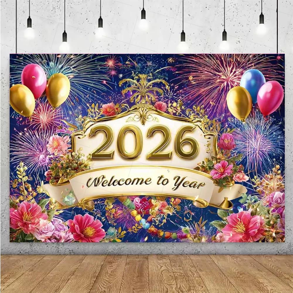 Sfondo Scintillante 2026 Felice Anno Nuovo Forniture Nastro Fuochi d'Artificio Palloncino Sfondo Decorazioni Festa di Capodanno Oggetti di Scena per Servizio Fotografico