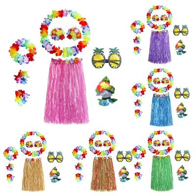 Supplies 8Pcs Wristbands Garland Necklace Hawaiian Hula Skirt Set Fancy Dress Costume Headband