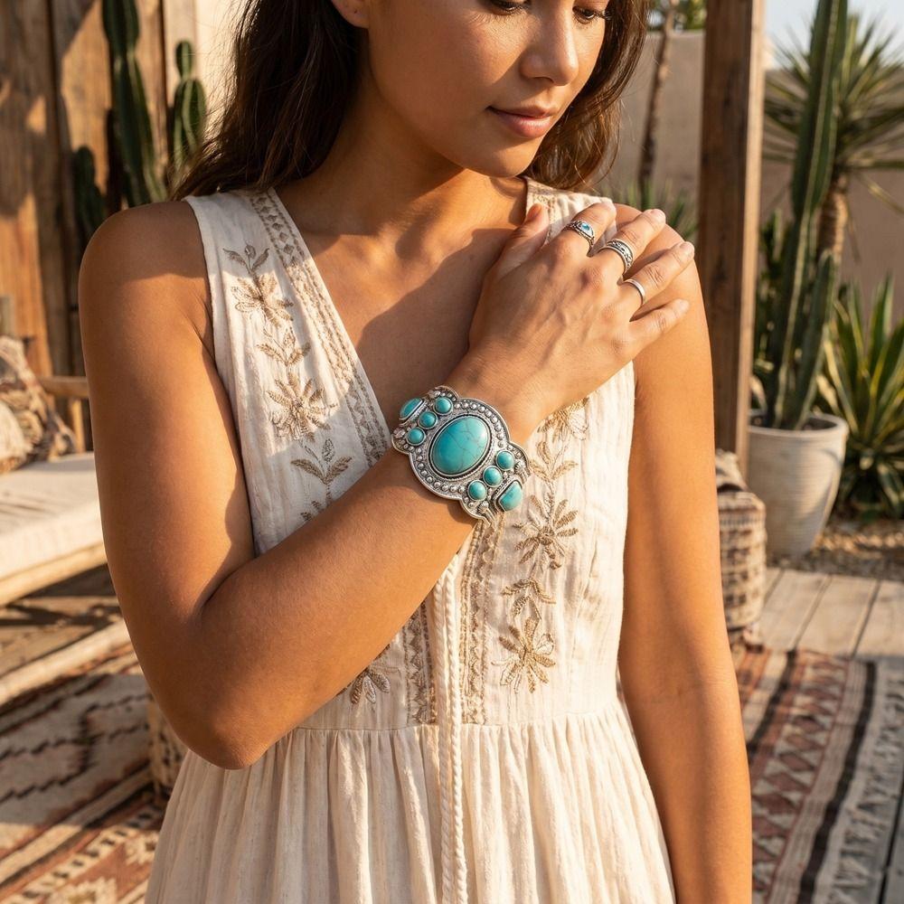Tribal Türkis Armband Geometrische Legierung Böhmische Armreifen Minderheiten Design C-förmig Breit Elastisch Armreif Schmuckzubehör