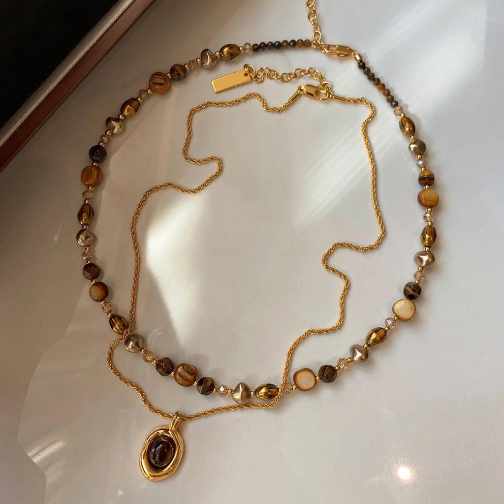 Maillard Wears Natural Tiger'S Eye Stone Baroque Stacked Necklace Women'S Accessories 2025 Collarbone Neck Chain