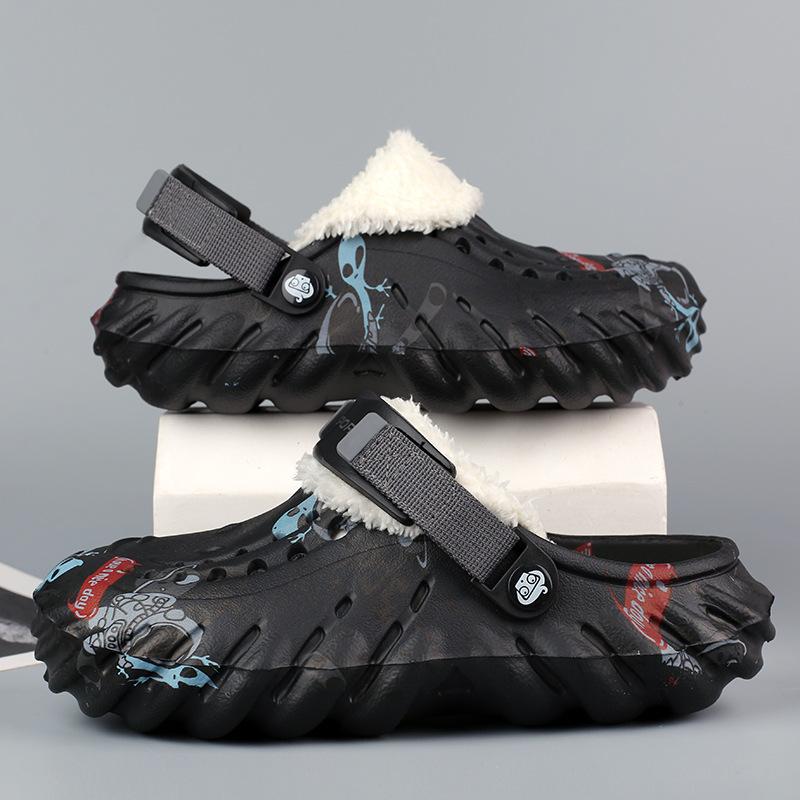 

Мужские зимние пляжные тапочки из хлопка с отверстиями, бархатные теплые домашние туфли из хлопка, съемные две тапочки 45 чёрный