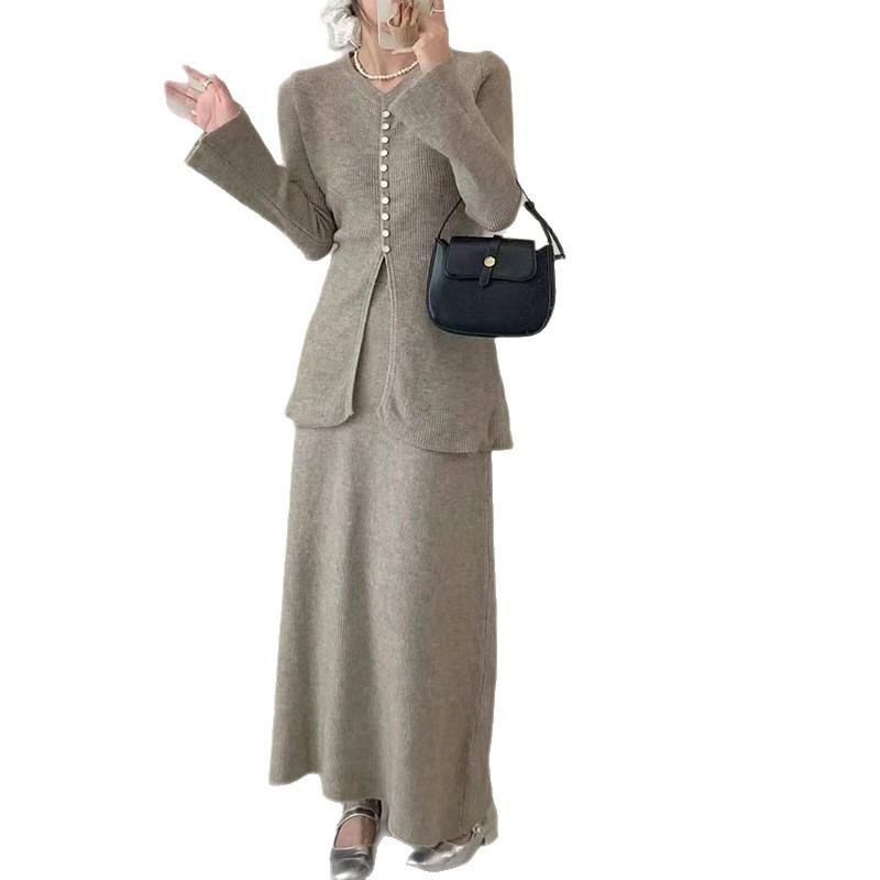 Breasted Design, Horn Sleeves, High-end Sweater, Two-piece Skirt, Autumn and Winter New High-waisted Skirt Knitted Sweater Set