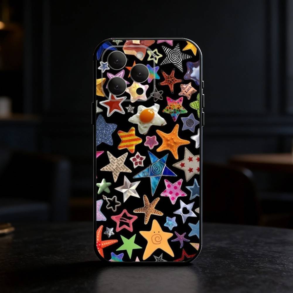 Colorful Star Phone Case For iPhone 17,16,15,14,13,12,11 Plus,Pro Max,SE4Soft Silicone Black Cover