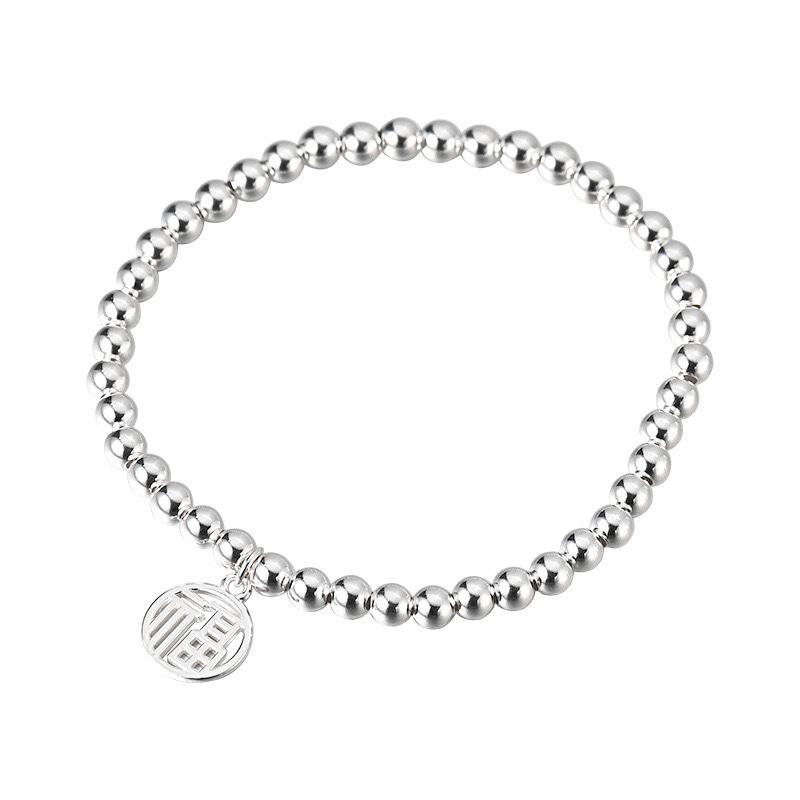 S999 Sterling Silver Fu Character Bead Bracelet - Women s Chinese Style Luxury Round Bead Versatile Bracelet Pure Silver