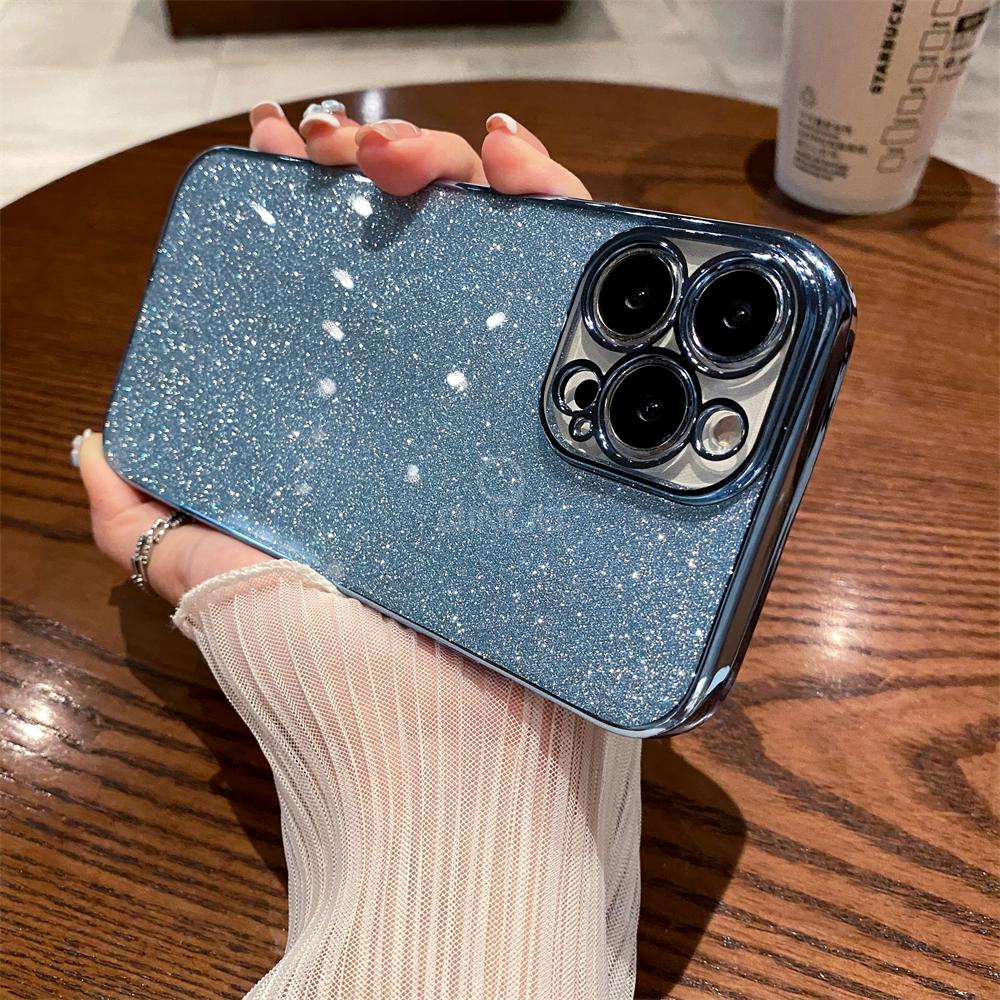 Luxury Square Plating Glitter Case for iPhone 16 15 14 Plus 13 12 Mini 11 Pro Max X XR XS Shiny Bling Soft Clear Silicone Cover
