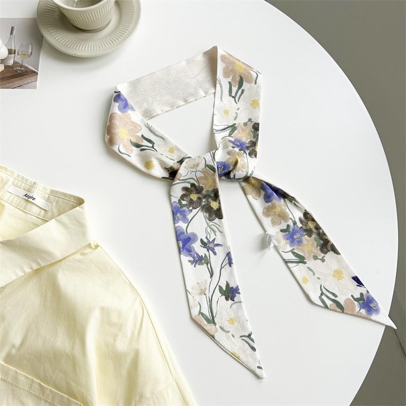 Spring Flower Print Silk Scarf Women's Versatile Long Strip Narrow Silk Scarf Pastoral Art Diagonal Streamer Tied Bag Ribbon