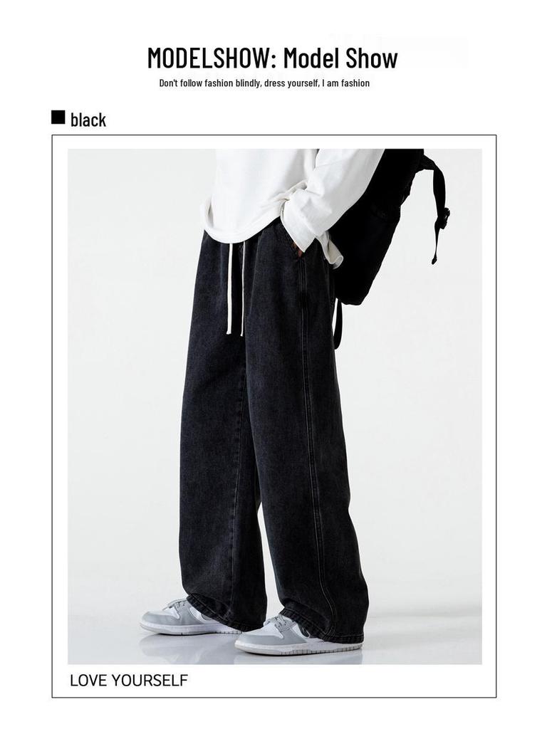 Muxiu Męskie Modne Czarne Jeansy Unisex z Szerokimi Nogawkami - Luźne Proste Nogawki w Stylu High Street