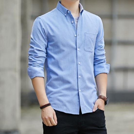 Camisa masculina de manga comprida, cor sólida, botão, cardigan, lapela, casual, camisa de primavera para trabalho