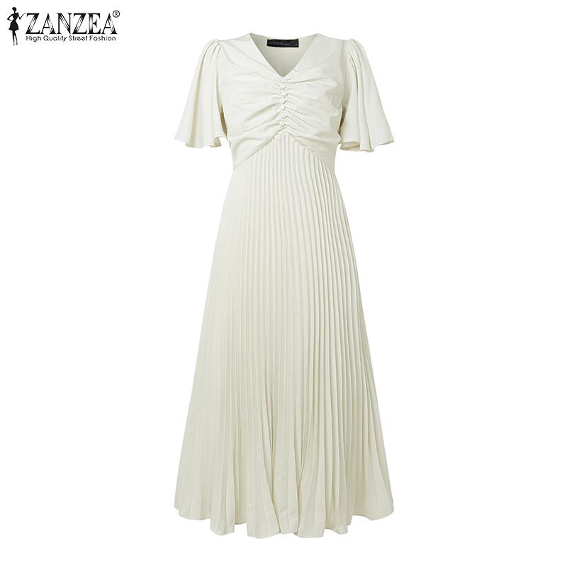 ZANZEA Women Casual V-Neck Summer Short Sleeve Long Dress