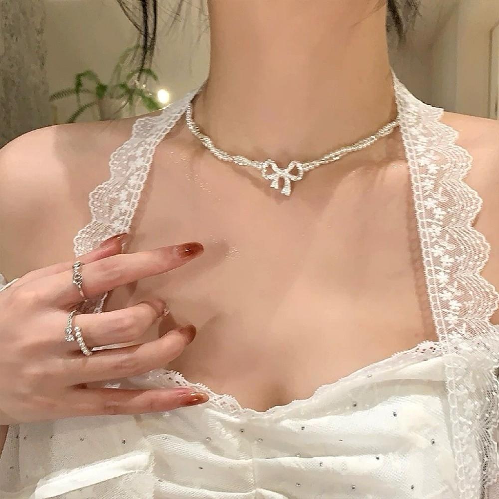 Pendant Silver Bowknot Necklace Clavicle Chain Simple Pendant Chain Bow Necklace Pendant Daily