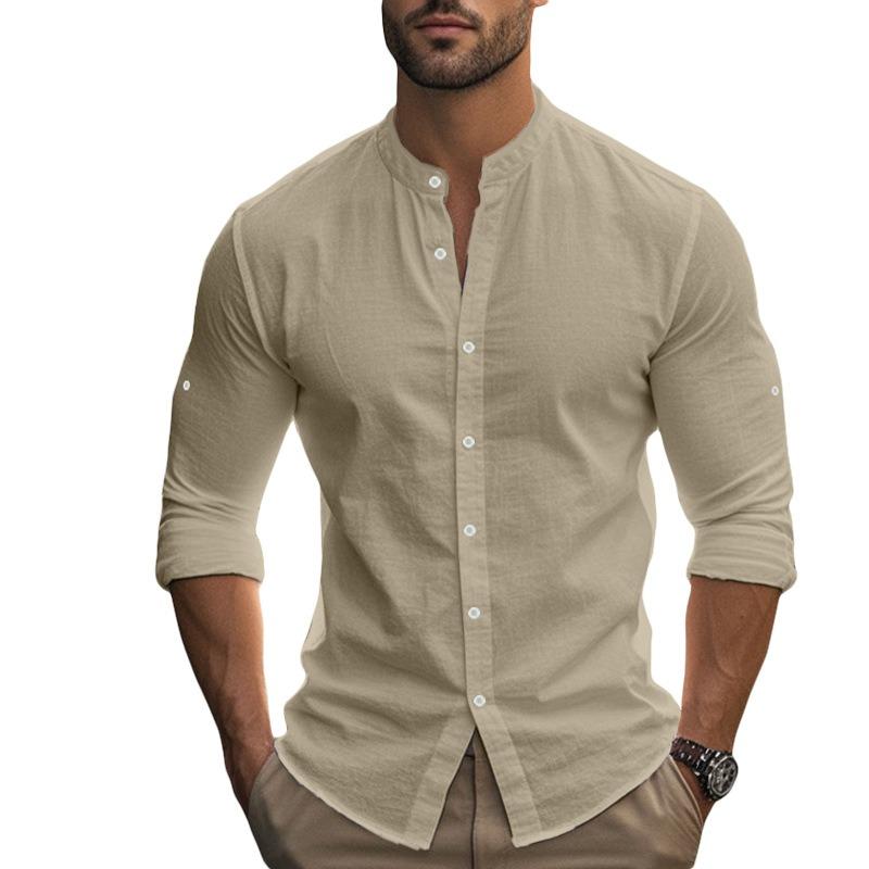 Men S Hawaiian Style Cotton Linen Blend Stand Collar Long Sleeve Casual Shirt
