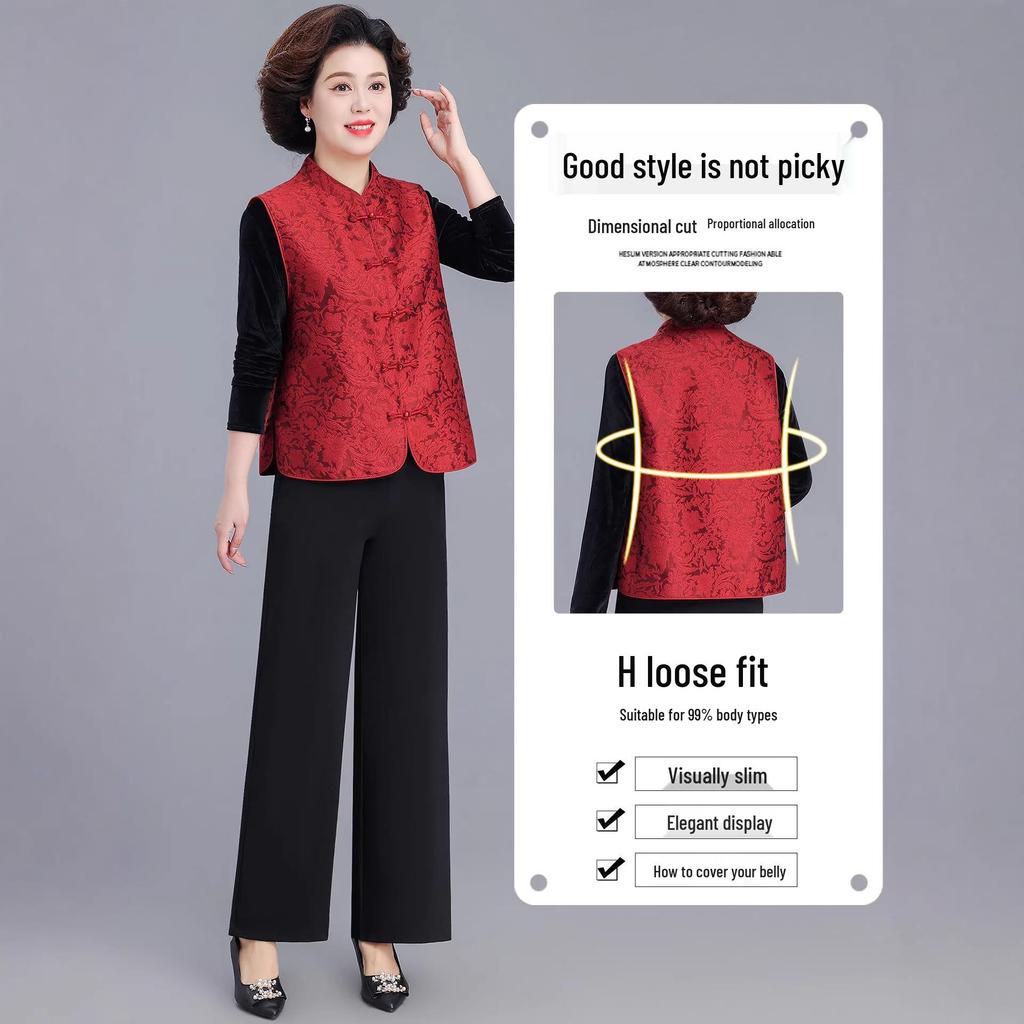Elegant Red Spring Cardigan Vest for Middle-Aged Women