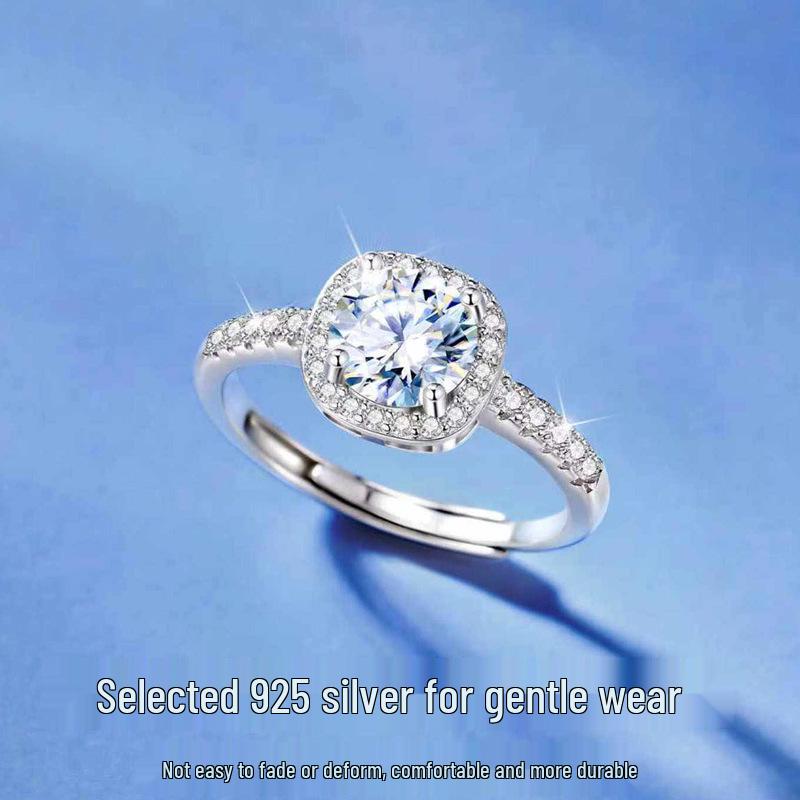Pangdonglai Moissanite Diamond Open Square Ring for Women, S925 Sterling Silver, Adjustable and Versatile Tail Ring