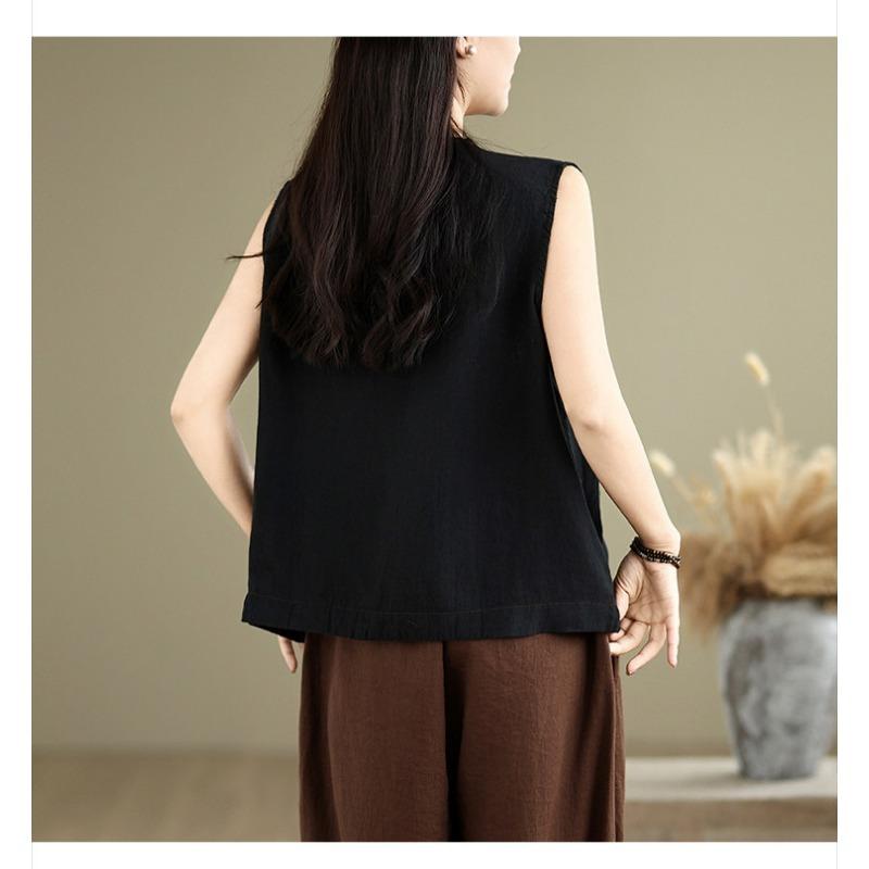 Women Vintage Cotton Linen Sleeveless Vest Button Design Loose Fit All Match Art Style Summer New Casual Tank Top
