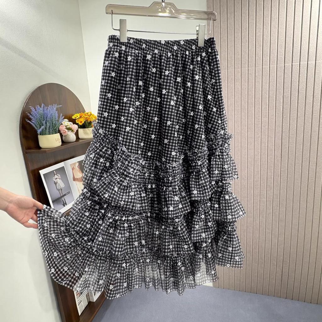 Qooth Printed Pleated Midi Skirt Elastic Waist Floral A-Line with Dense Ruffled Vintage QT2833