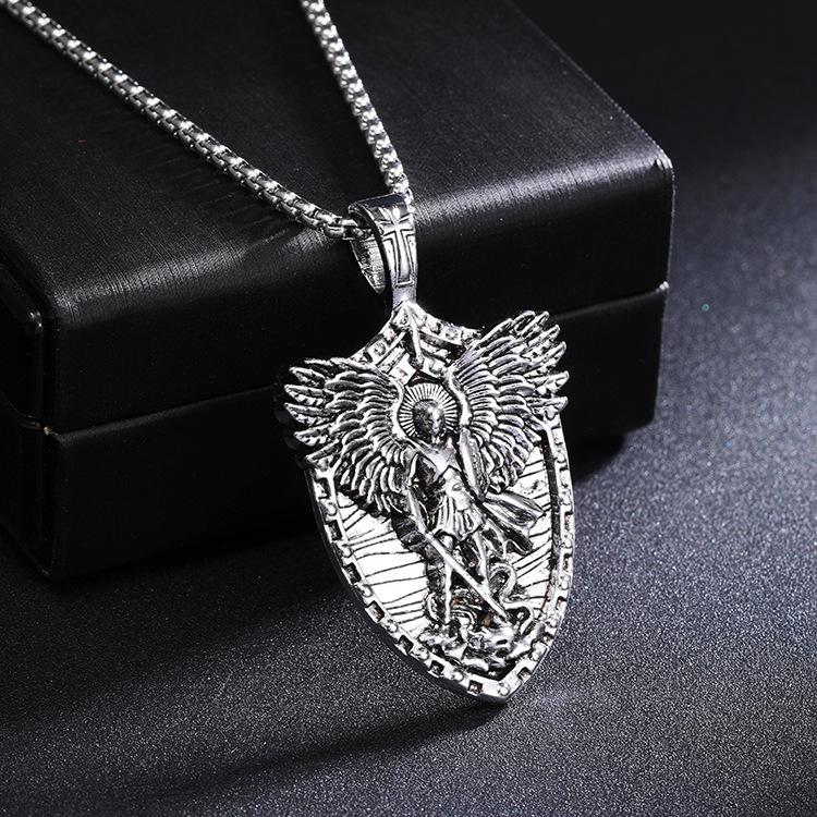 Saint Michael Men's Vintage Shield Titanium Steel Angel Ornament Pendant Necklace