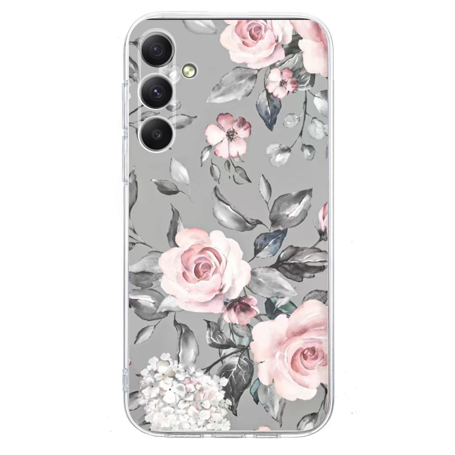 

For Samsung Galaxy A54 5G Case Pattern Printing Shockproof Soft TPU Phone Cover Grey Background Flowers
