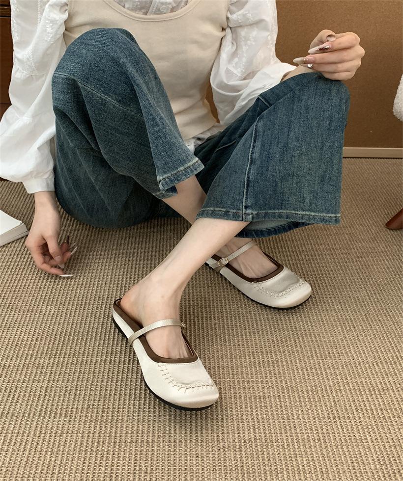 

Атласные туфли Мэри Джейн с квадратным носком, полусабо, балетки с открытым вырезом, крутые тапочки для улицы, новинка начала весны 2025 39