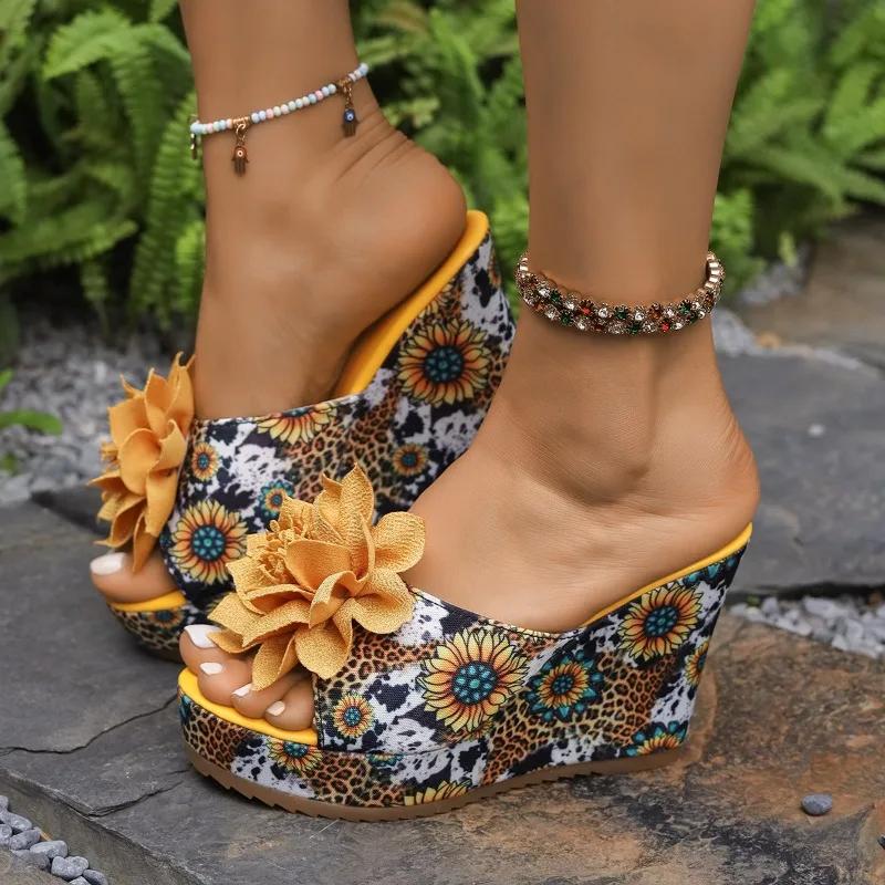Fashion Women's Large Size Slippers Wedge Heel Flower 10.5cm Heel High Shoes Women Leisure Dress Roman Office Lady Zapatillas De Mujer