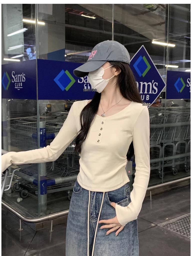 Korean Style Blue Macaron Pleated Waist-Cinching Long-Sleeve Top for Women