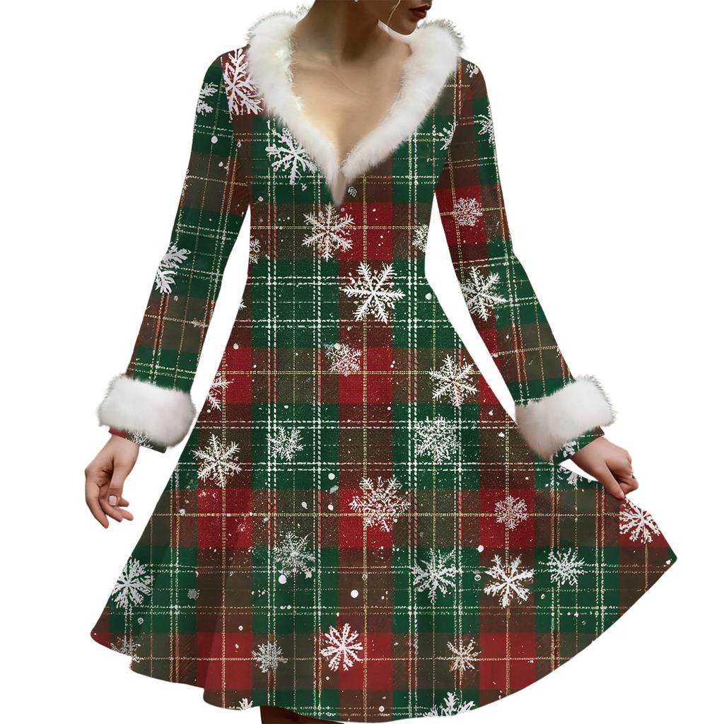 Women's Casual V-neck Christmas Print Plush Long-Sleeve Casual Dress