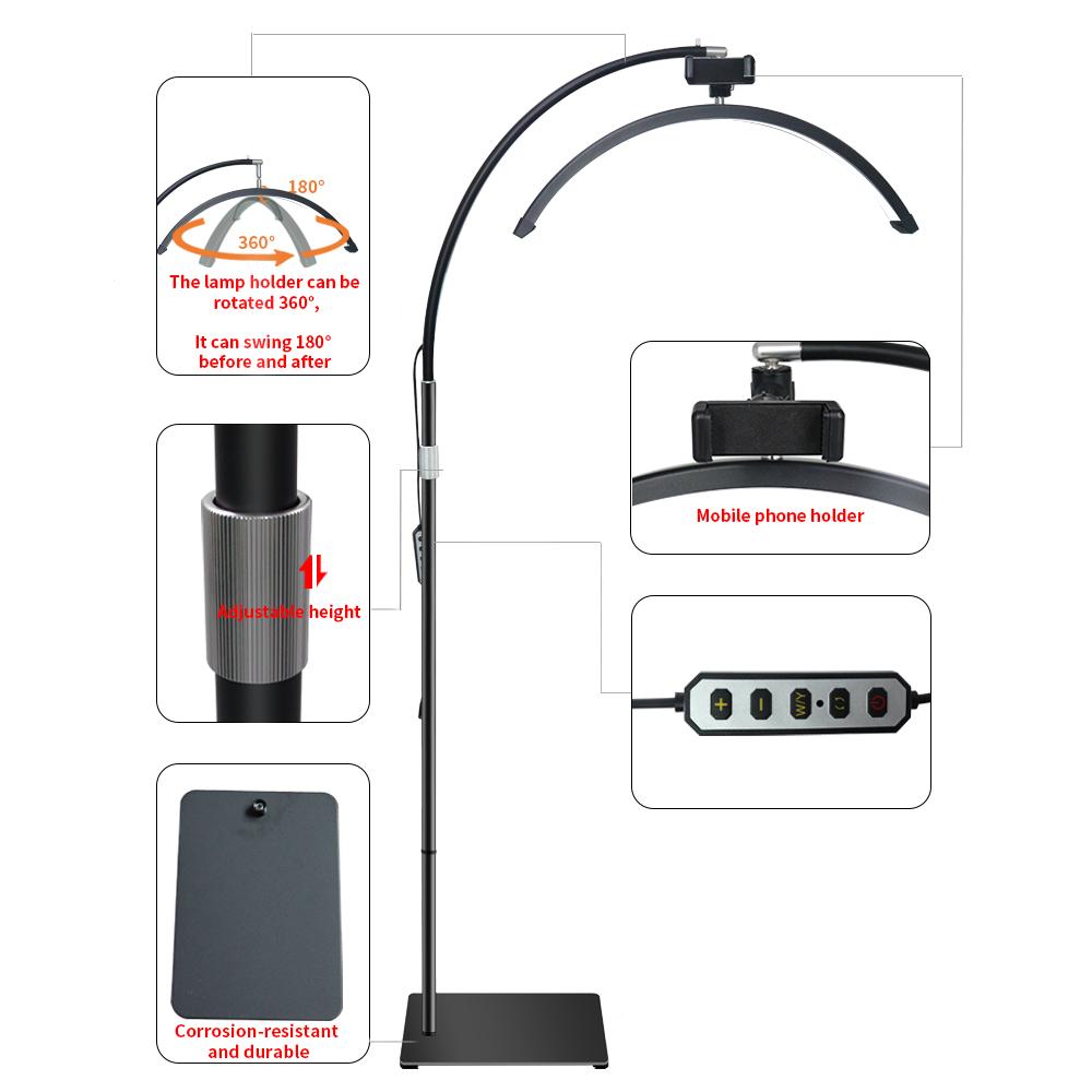 Eyelash lamp with remote control and phone stand, half moon lamp, floor lamp for tattoo eyebrow facial treatment salon, multi-an