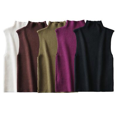 Women Fashion Solid Cropped Knitted Pullover Vest Vintage High Neck Sleeveless Female Chic Lady Tank Tops