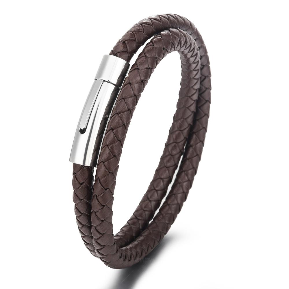 Men s Double Braided Leather Bracelet with Stainless Steel Magnetic Clasp Brown Woven Leather Bangle 41cm
