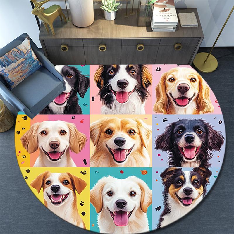 Happy Dog Round Area Rug,Carpet Rug for Living Room Bedroom Sofa Playroom Decor,Non-slip Floor Mat