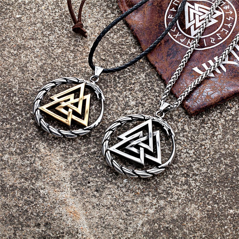 Punk Vikings Dragon Stainless Steel Necklace Mens Nordic Runes Pendant Triangle Vegvisir Amulet Scandinavian Ouroboros Jewelry