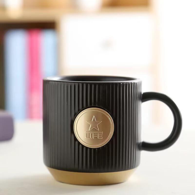 Ceramic Coffee Mug with Striped Bronze Emblem