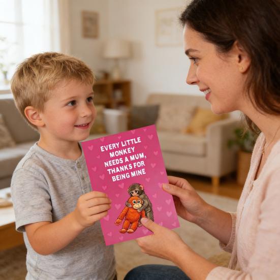 Kartka z życzeniami Kartka na Dzień Matki Uroczy Wzór Małpki z Wykrojnika Serdeczna Wiadomość Rysowana Ręcznie Ilustracja z Kopertą Wyjątkowy Prezent na Dzień Matki